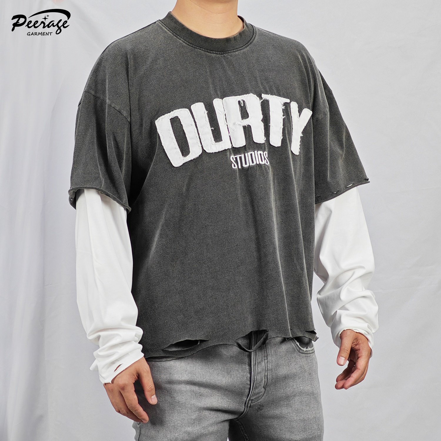 Manufacturer Custom Men's Double Layer Long Sleeve Tee Shirt Cotton Acid Wash Distressed Embroidered Boxy Crop T-Shirt for Men