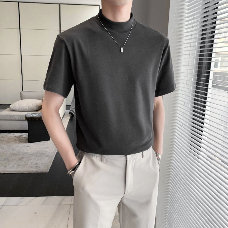 Custom 250 gsm Cotton Regular Slim Fit Mock Neck Tshirt Short Sleeve Plain Solid Blank T Shirt For Men