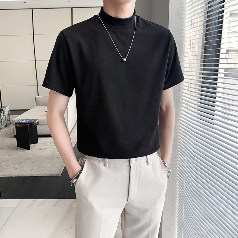 Custom 250 gsm Cotton Regular Slim Fit Mock Neck Tshirt Short Sleeve Plain Solid Blank T Shirt For Men