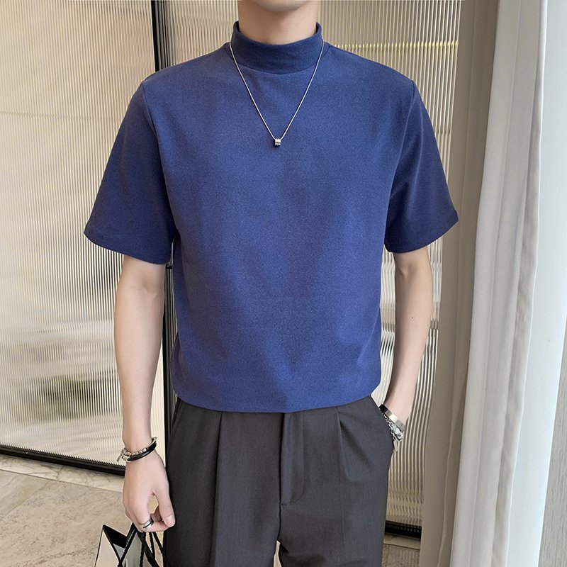 Custom 250 gsm Cotton Regular Slim Fit Mock Neck Tshirt Short Sleeve Plain Solid Blank T Shirt For Men