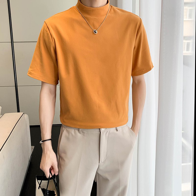 Custom 250 gsm Cotton Regular Slim Fit Mock Neck Tshirt Short Sleeve Plain Solid Blank T Shirt For Men