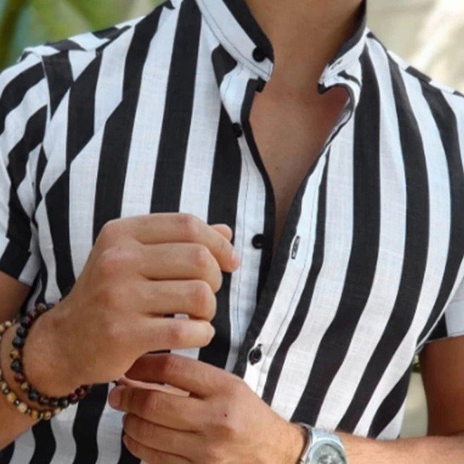 Long Floral Printing Casual Clothing Summer Oversize Men's Contrasting Stripe Casual Stand Collar Original Short Sleeve Shirts