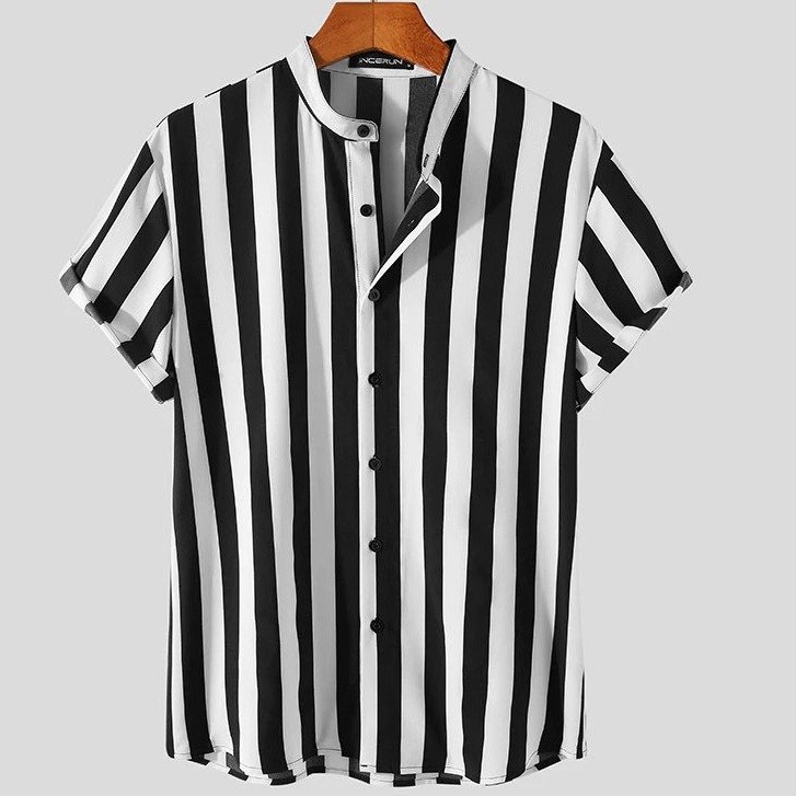 Long Floral Printing Casual Clothing Summer Oversize Men's Contrasting Stripe Casual Stand Collar Original Short Sleeve Shirts