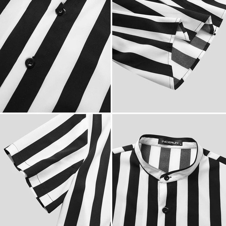 Long Floral Printing Casual Clothing Summer Oversize Men's Contrasting Stripe Casual Stand Collar Original Short Sleeve Shirts
