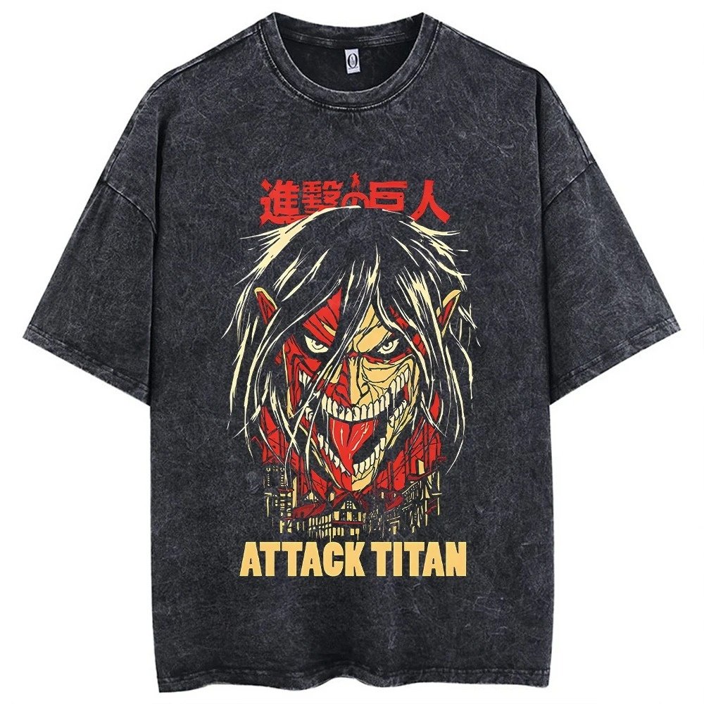 Unisex Attack Titan Anime T-Shirt Oversized Hip Hop Streetwear Vintage Washed Cotton Short Sleeve O-Neck Top for Men for Summer