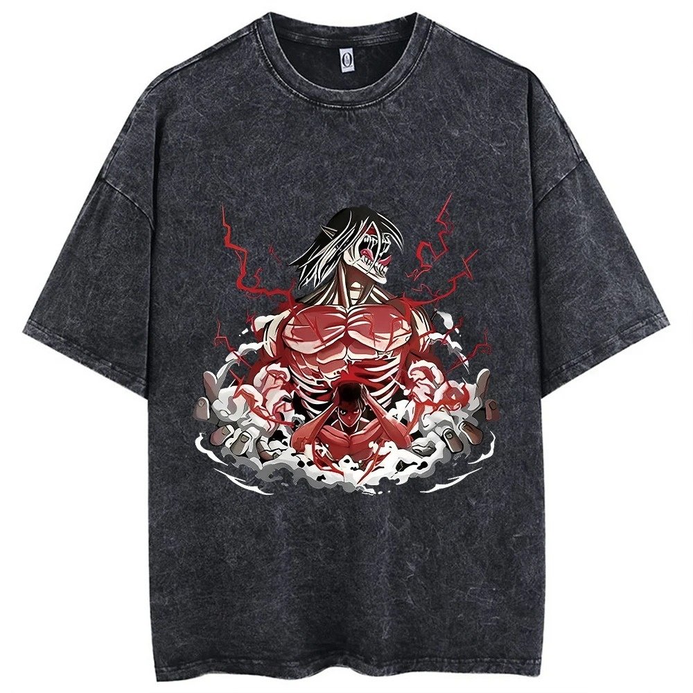 Unisex Attack Titan Anime T-Shirt Oversized Hip Hop Streetwear Vintage Washed Cotton Short Sleeve O-Neck Top for Men for Summer
