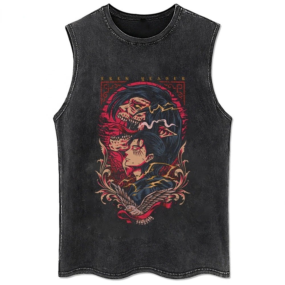 Unisex Attack Titan Anime T-Shirt Oversized Hip Hop Streetwear Vintage Washed Cotton Short Sleeve O-Neck Top for Men for Summer