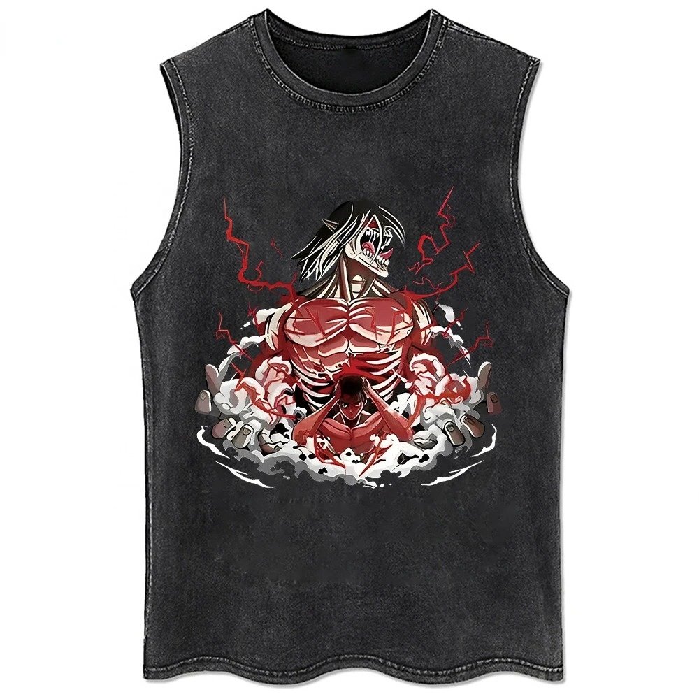 Unisex Attack Titan Anime T-Shirt Oversized Hip Hop Streetwear Vintage Washed Cotton Short Sleeve O-Neck Top for Men for Summer