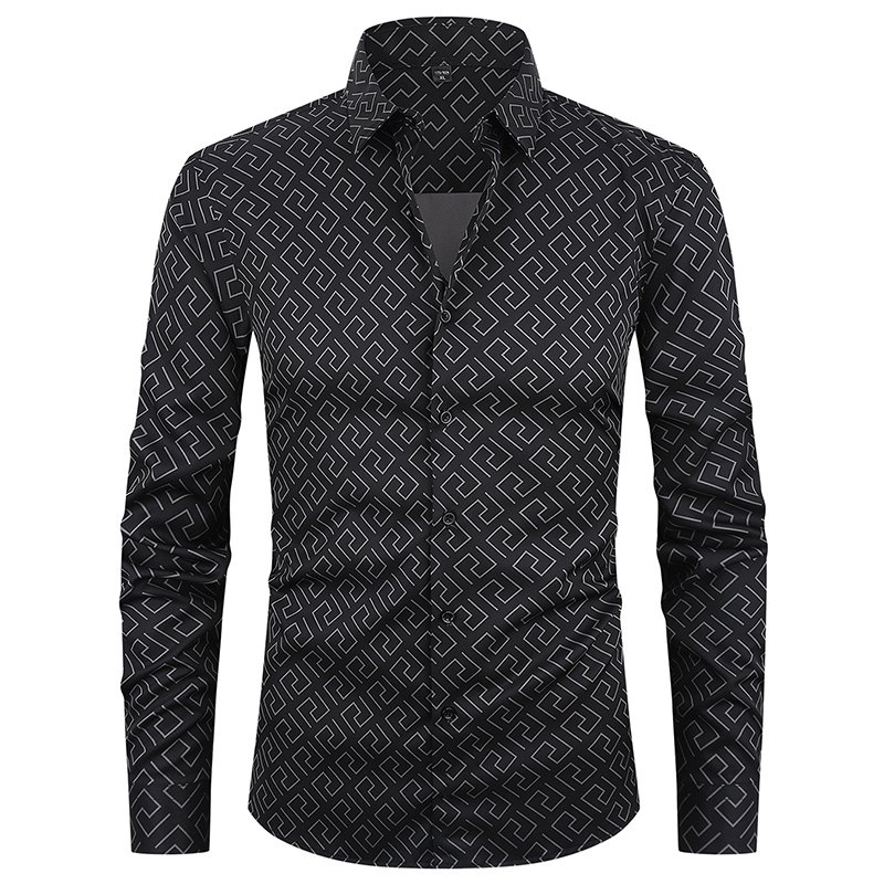 Wholesale 2024 Custom High Quality Fashion style Parties bar Elasticity Geometric prints fabric long Sleeve casual men's shirt