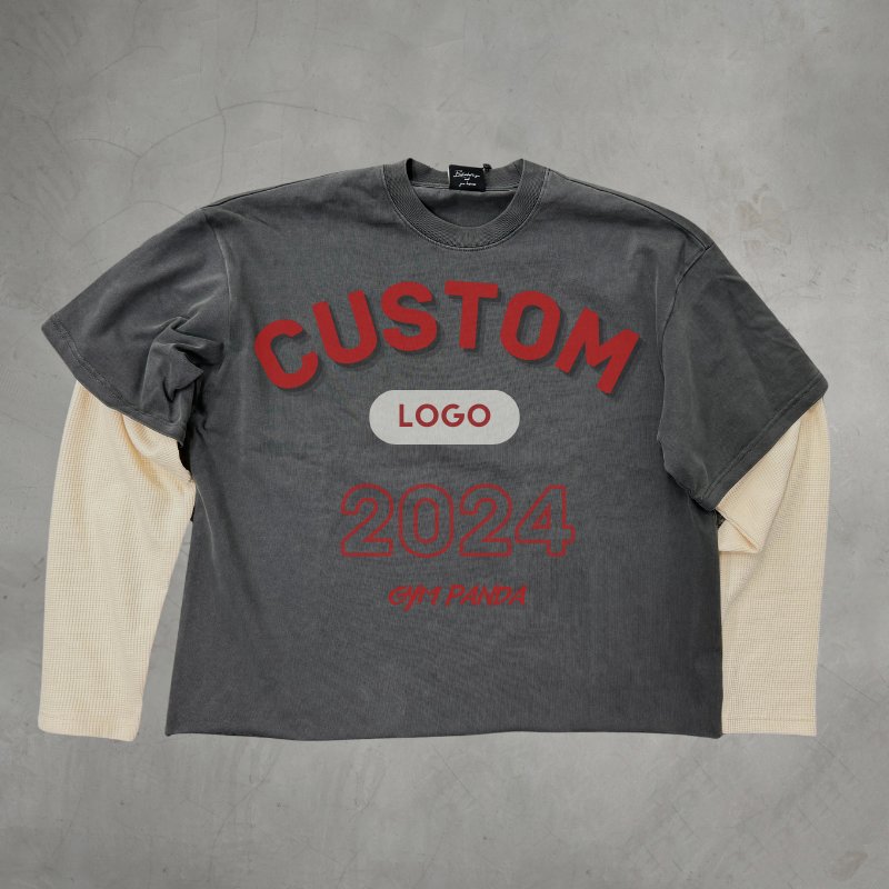 Custom Screen Print T-Shirt Vintage Cotton Ripped Double Layer Long Waffle Sleeve Top Distressed Stone Acid Wash T Shirt For Men
