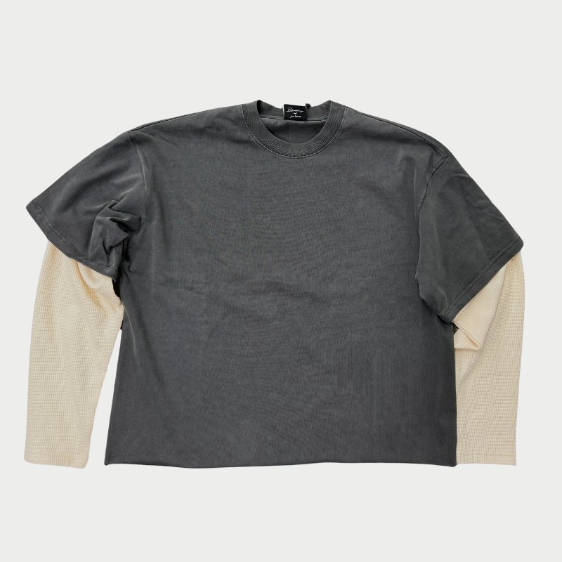 Custom Screen Print T-Shirt Vintage Cotton Ripped Double Layer Long Waffle Sleeve Top Distressed Stone Acid Wash T Shirt For Men