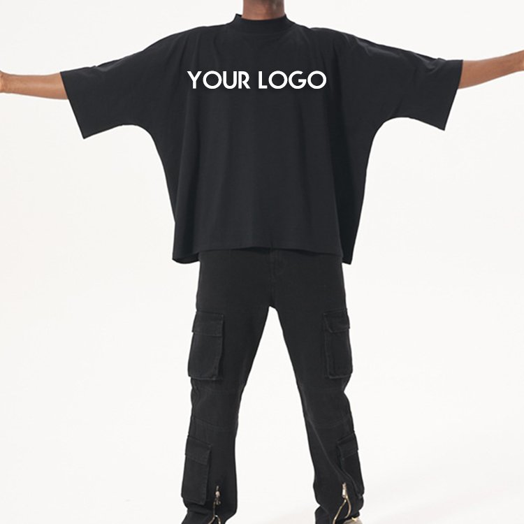 Custom Logo 300G Pure Cotton Small Neckline Heavyweight Tshirt Men Hip Hop Boxy Fit Blank Oversized Tee Cropped Men's T-Shirt