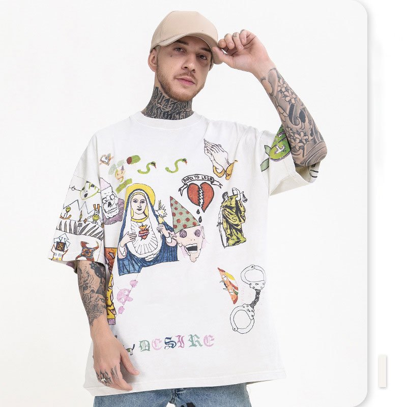 Summer casual loose trendy fashion men's T-shirt hip-hop sports hand-painted graffiti high street o-neck retro short sleeves