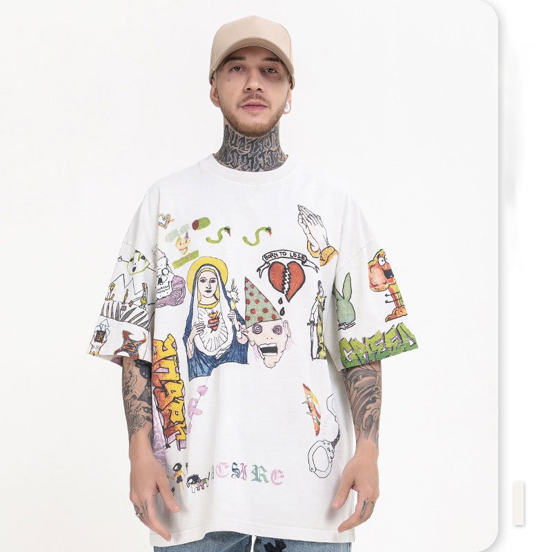 Summer casual loose trendy fashion men's T-shirt hip-hop sports hand-painted graffiti high street o-neck retro short sleeves