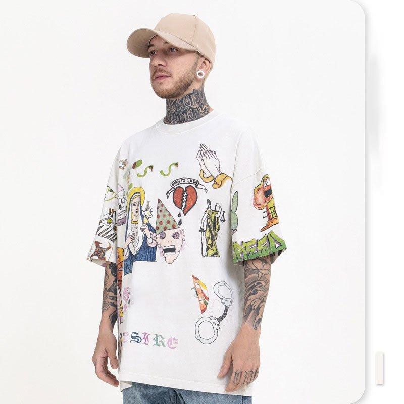 Summer casual loose trendy fashion men's T-shirt hip-hop sports hand-painted graffiti high street o-neck retro short sleeves