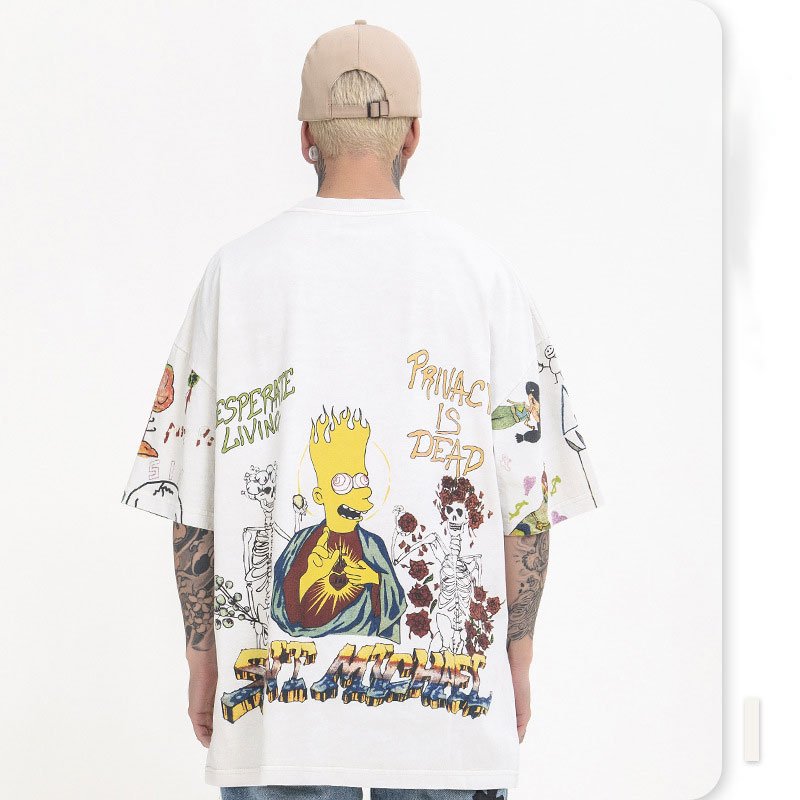 Summer casual loose trendy fashion men's T-shirt hip-hop sports hand-painted graffiti high street o-neck retro short sleeves