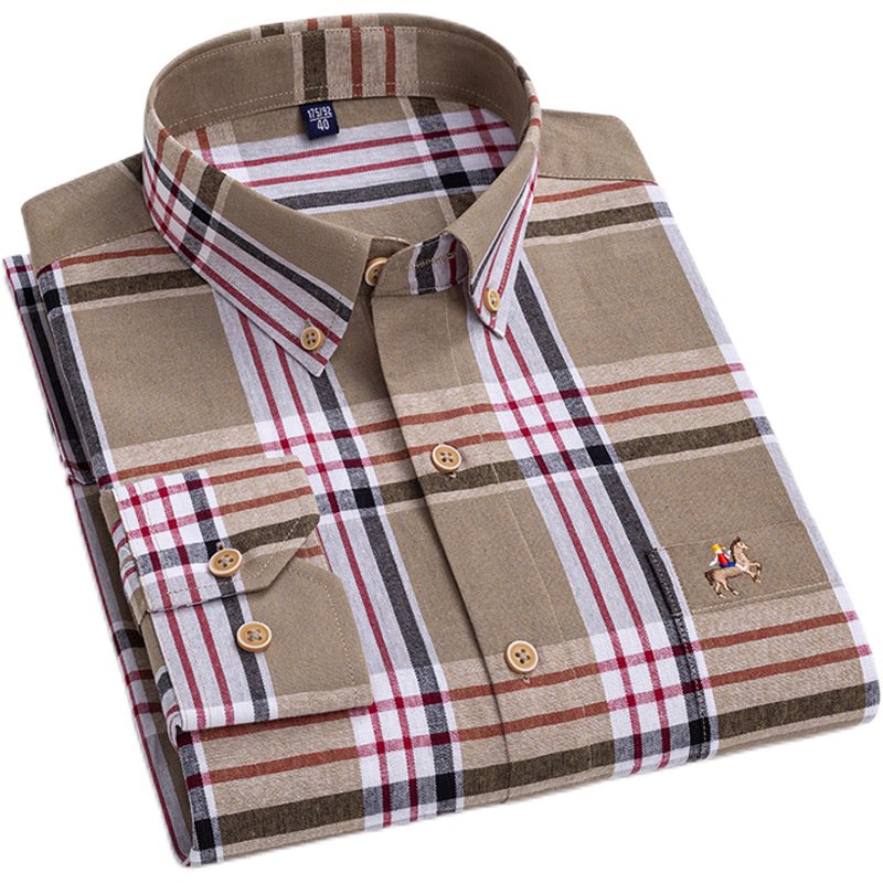 Spring and autumn new men's shirt long sleeve old dad with loose cotton casual plaid non-ironing shirt generation