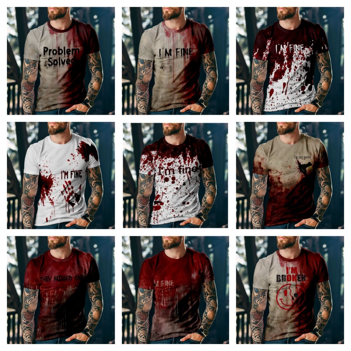 OEM Custom AMZ Supplier 3D Printed Splatter Blood Crew Neck Short Sleeve T-Shirt Breathable Casual Top for Men