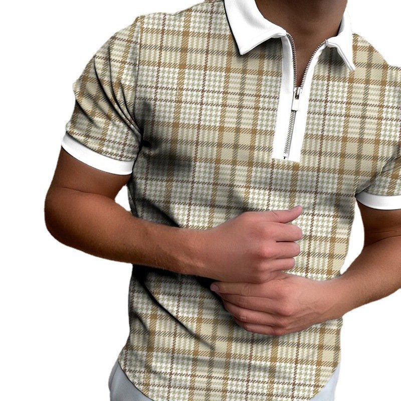 summer zipper checkered POLO shirt color block men's T-shirt top for men