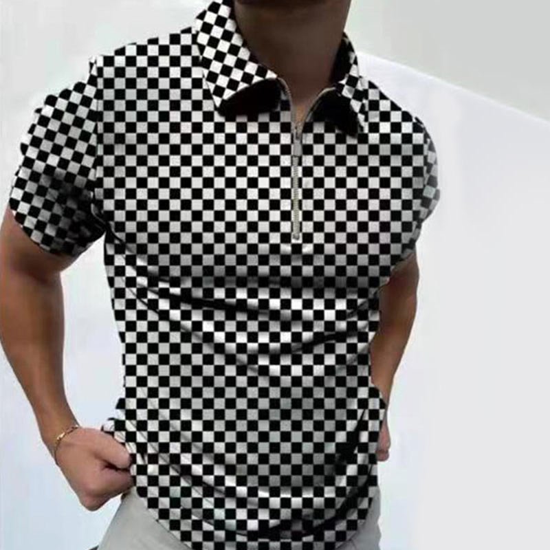 summer zipper checkered POLO shirt color block men's T-shirt top for men