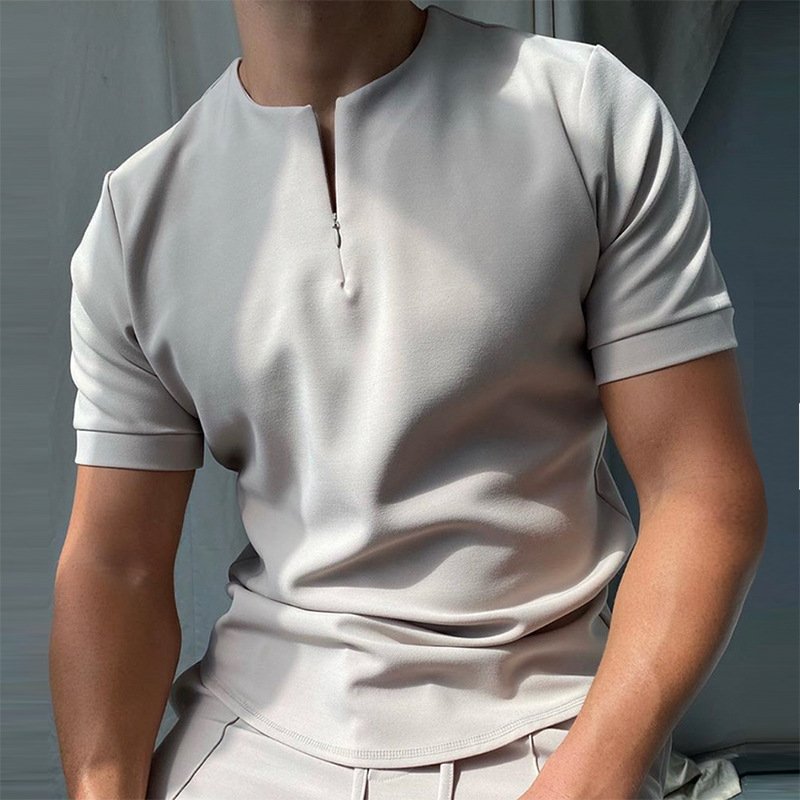 summer zipper checkered POLO shirt color block men's T-shirt top for men
