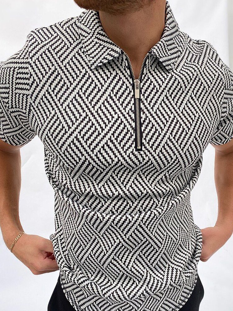 summer zipper checkered POLO shirt color block men's T-shirt top for men