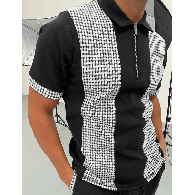 summer zipper checkered POLO shirt color block men's T-shirt top for men