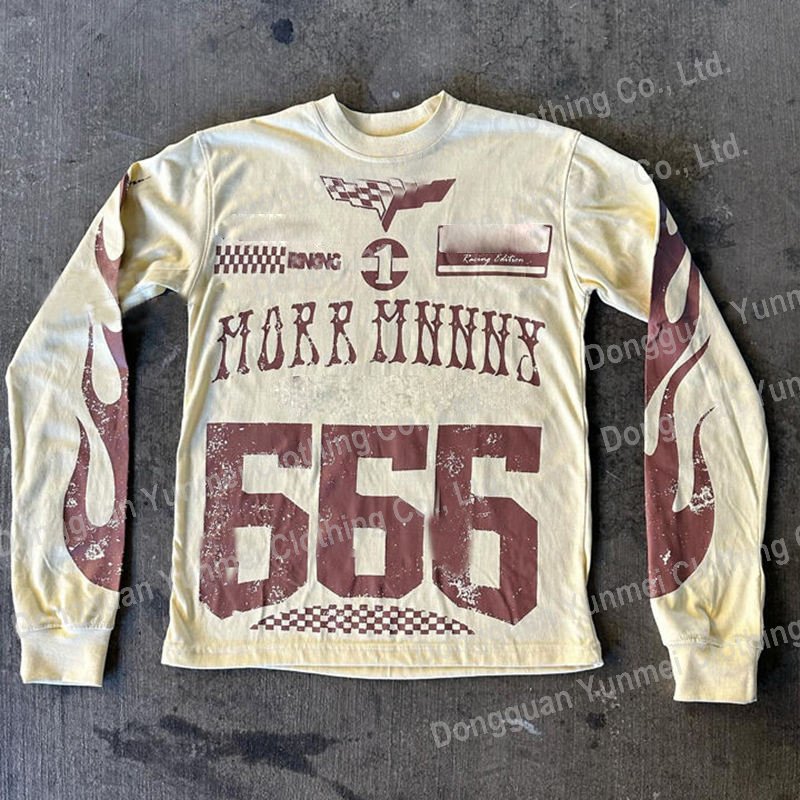 Streetwear Clothes manufacturer custom print acid wash cotton tshirt oversized vintage boxy heavyweight Long Sleeve T Shirt men
