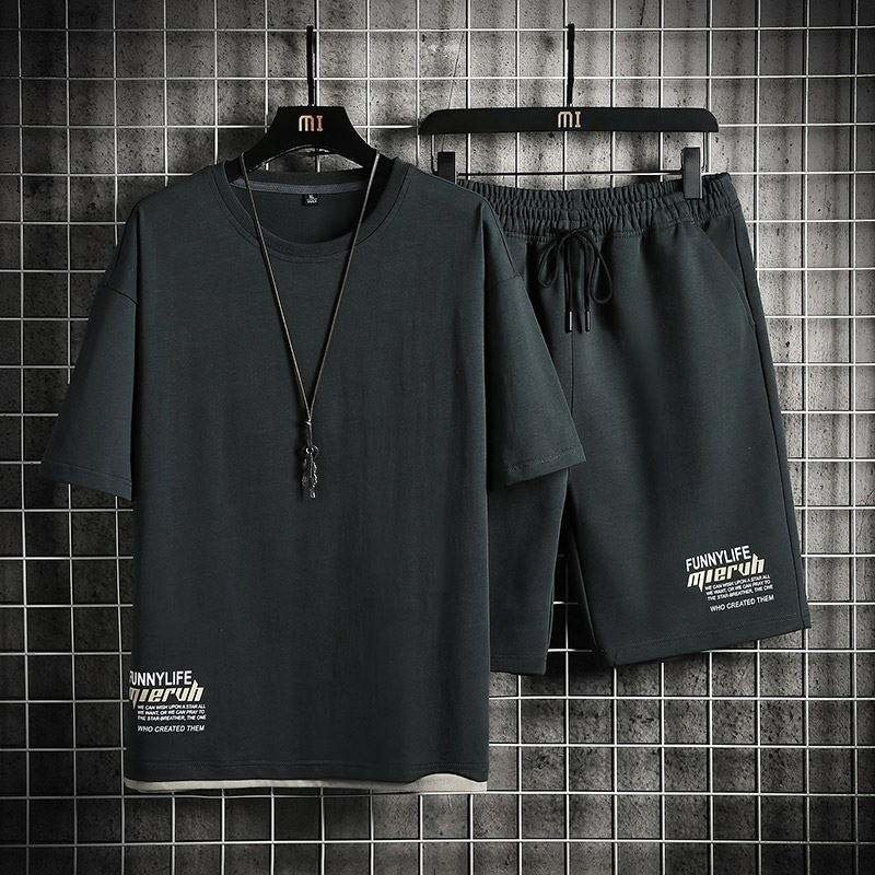 Men's T-shirt shorts suit summer short-sleeved tops and pants suit thin loose breathable casual running suit fashionable