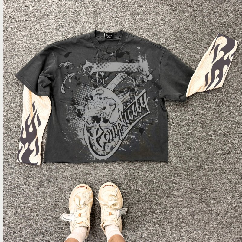 Tee Full Double Layer Long Sleeve Double Layer Shirts Patchwork Vintage Acid Wash Double Layer T Shirts Men