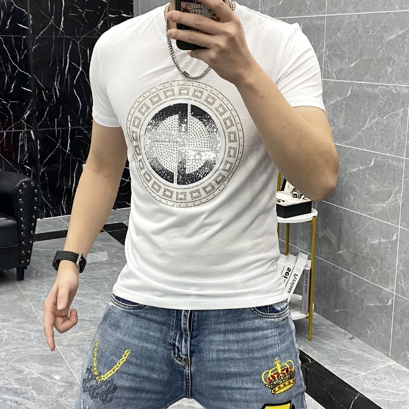 Custom men's new mercerized cotton Rhinestone Graphic t shirt round neck short sleeve t shirt