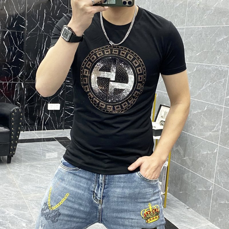 Custom men's new mercerized cotton Rhinestone Graphic t shirt round neck short sleeve t shirt