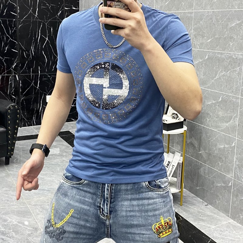 Custom men's new mercerized cotton Rhinestone Graphic t shirt round neck short sleeve t shirt