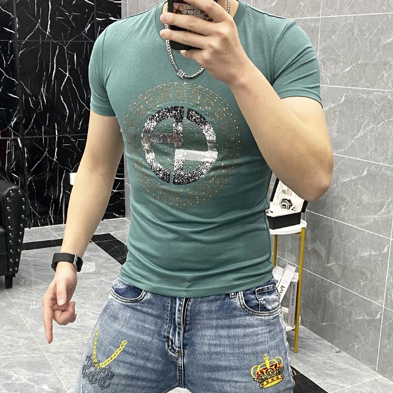Custom men's new mercerized cotton Rhinestone Graphic t shirt round neck short sleeve t shirt