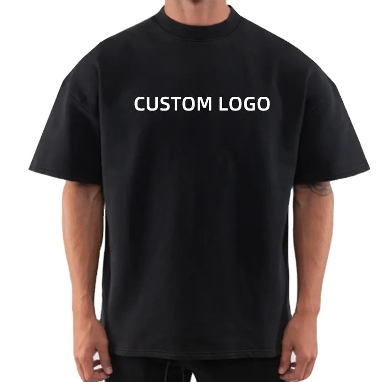 Heavy 240gsm Mens Black Thick Heavyweight Rib Mock Neck Drop Shoulder Custom Logo Oversized T Shirts