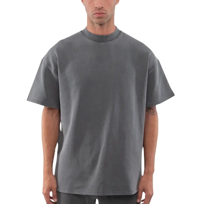Heavy 240gsm Mens Black Thick Heavyweight Rib Mock Neck Drop Shoulder Custom Logo Oversized T Shirts
