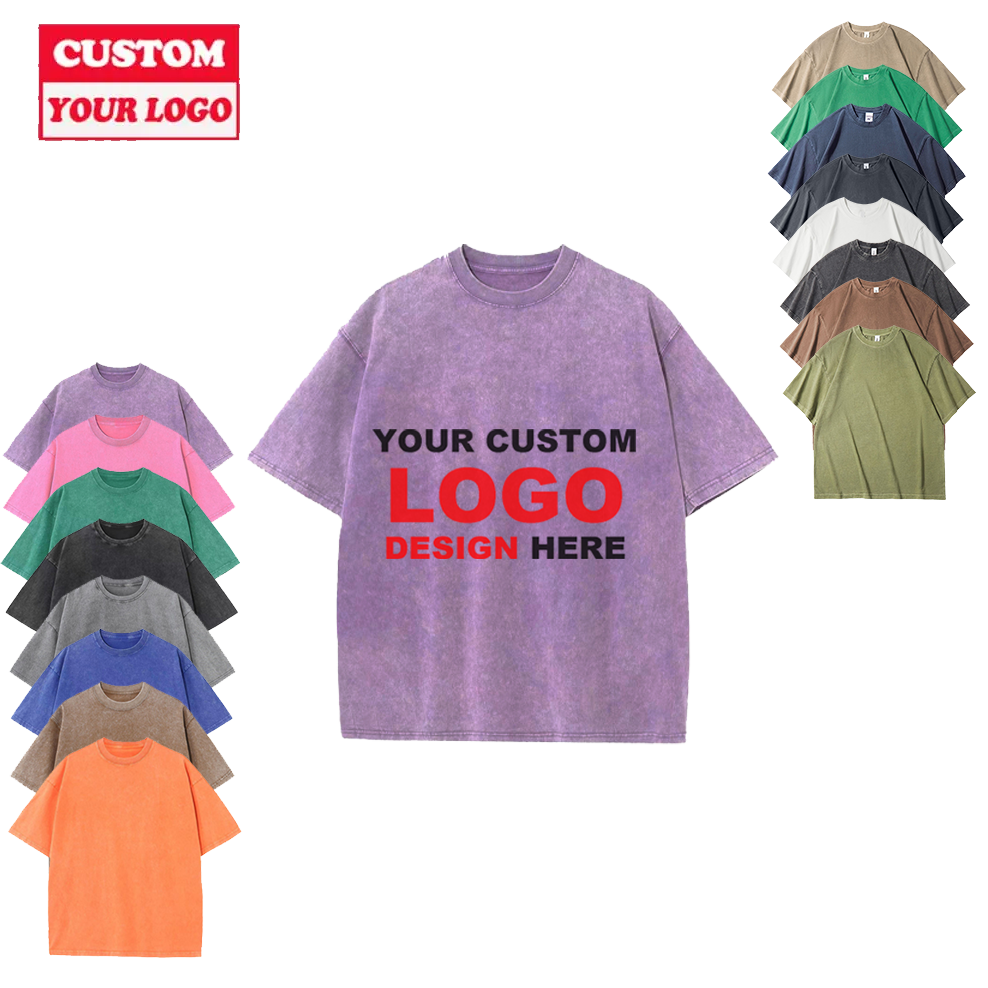 Heavyweight Cotton With Logo Stone Men Women Distressed t-shirt Tshirt Dtg Print Oversize Black Custom Vintage Acid Wash T Shirt