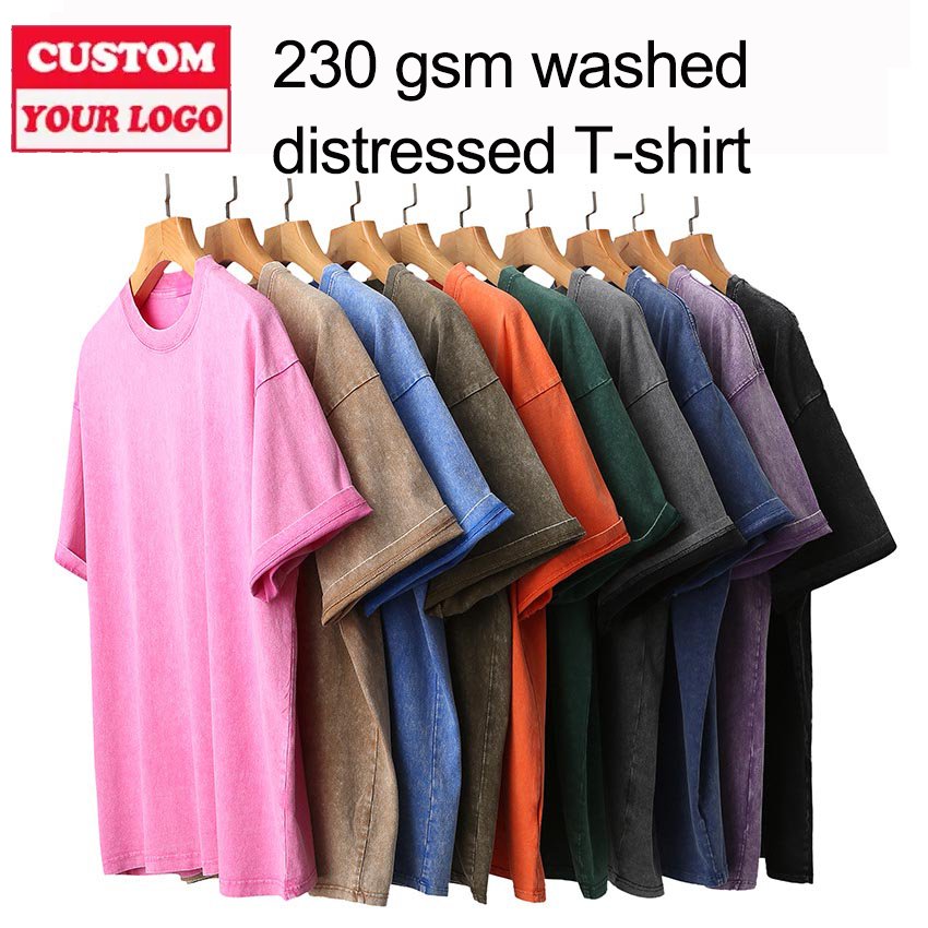 Heavyweight Cotton With Logo Stone Men Women Distressed t-shirt Tshirt Dtg Print Oversize Black Custom Vintage Acid Wash T Shirt