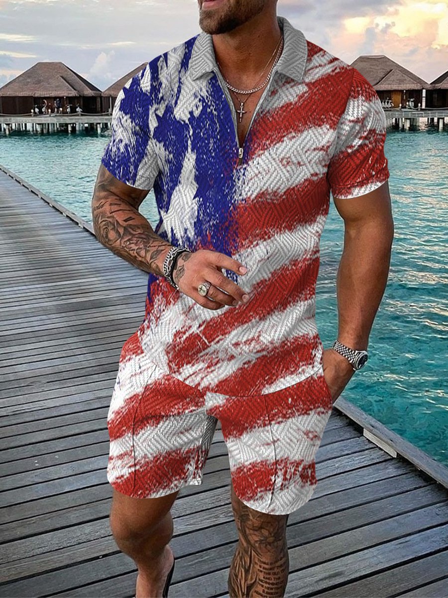 OEM logo 2024 ropa hombre 3D printing Summer zip up polo shirt Men Set Sportswear Suit Short Sleeve Two Piece Shorts Men's Set