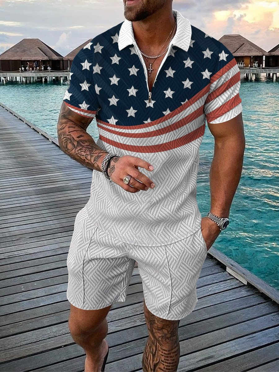 OEM logo 2024 ropa hombre 3D printing Summer zip up polo shirt Men Set Sportswear Suit Short Sleeve Two Piece Shorts Men's Set