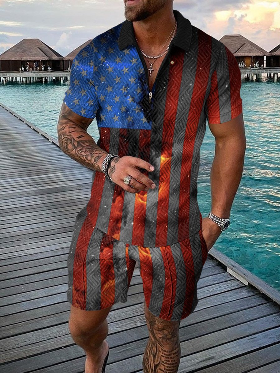OEM logo 2024 ropa hombre 3D printing Summer zip up polo shirt Men Set Sportswear Suit Short Sleeve Two Piece Shorts Men's Set