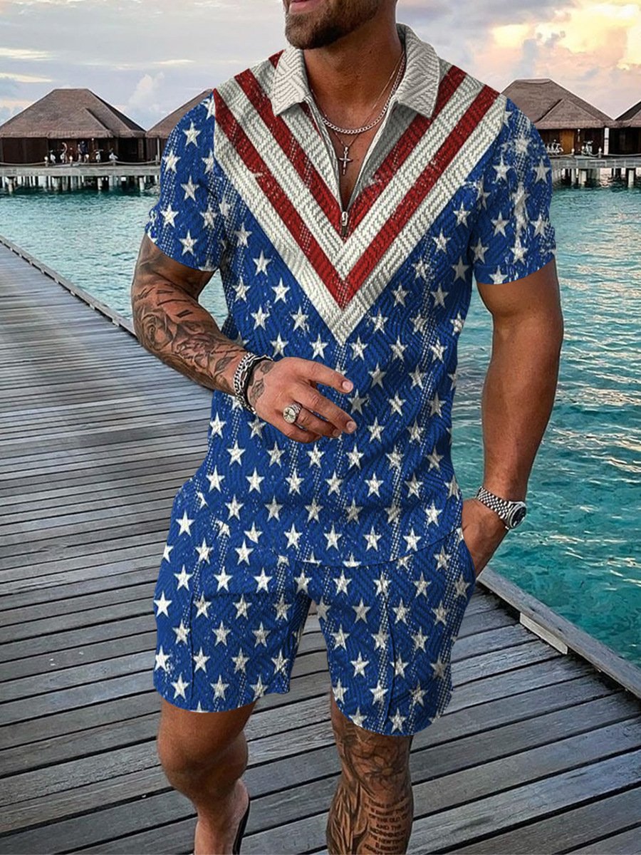 OEM logo 2024 ropa hombre 3D printing Summer zip up polo shirt Men Set Sportswear Suit Short Sleeve Two Piece Shorts Men's Set