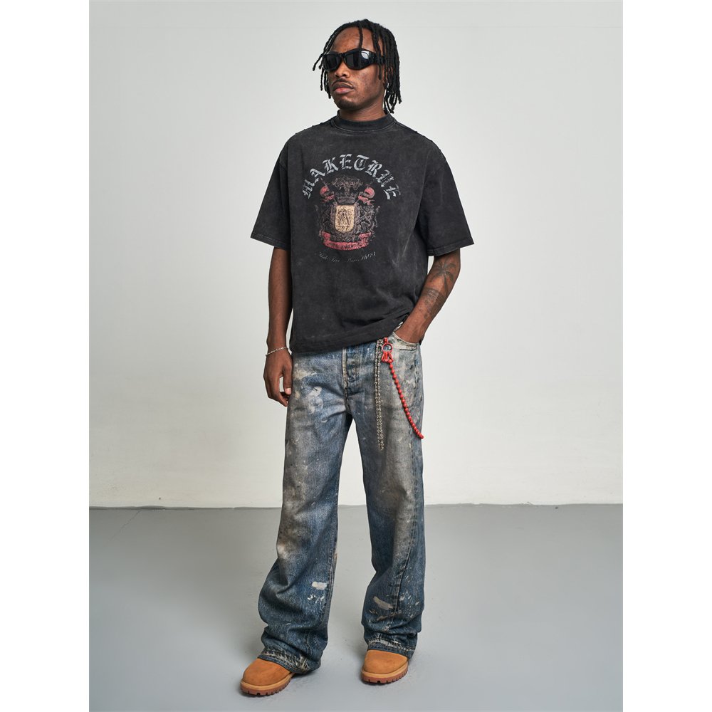Custom Vintage Style Gradient Acid Wash Men'S T Shirts Oversized Heavyweight Hip Hop Round Neck Graphic T Shirts