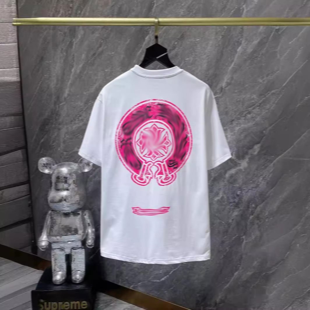 2024 new hearts chrome classic large horseshoe cross flower Sanskrit short-sleeved T-shirt men andwomen with the same