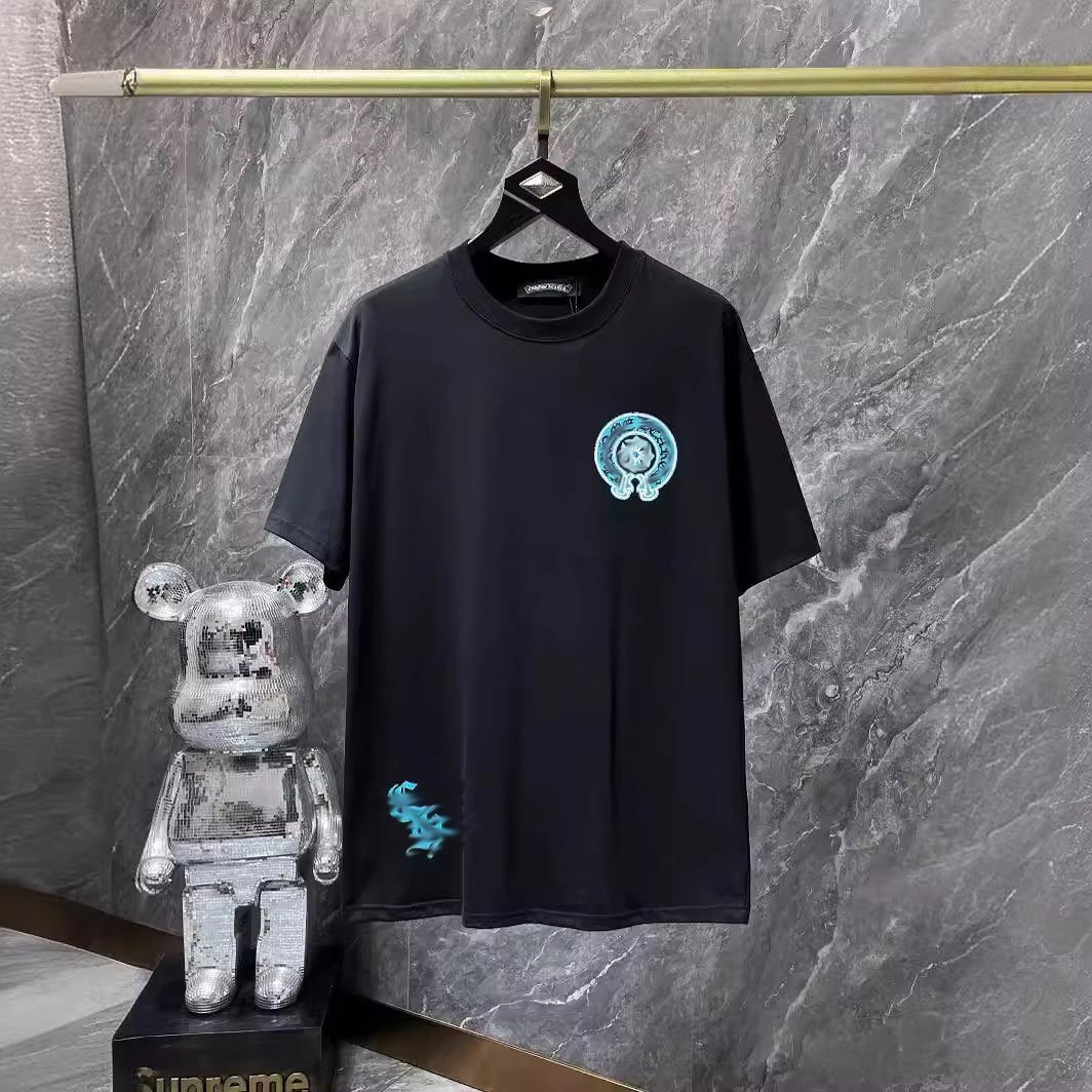2024 new hearts chrome classic large horseshoe cross flower Sanskrit short-sleeved T-shirt men andwomen with the same