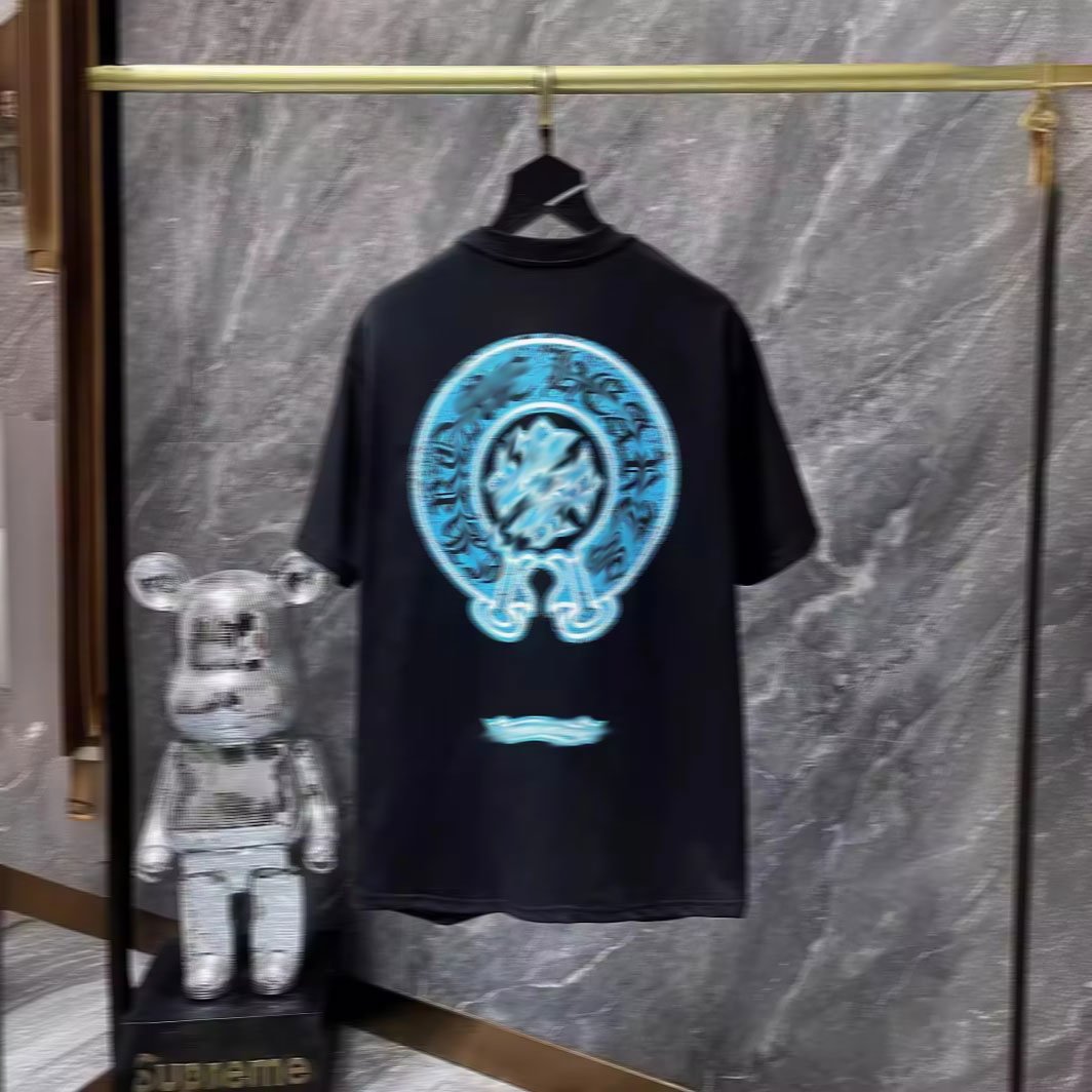 2024 new hearts chrome classic large horseshoe cross flower Sanskrit short-sleeved T-shirt men andwomen with the same