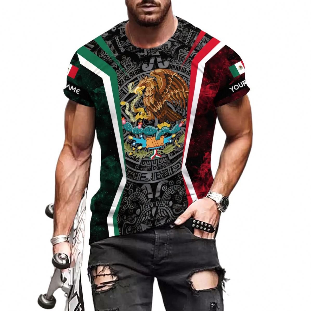 Wholesale Polyester Mexico Eagle Print Patten Comfortable Plus Size Mens T Shirts Latest Mexican Custom Design Men's T-shirts
