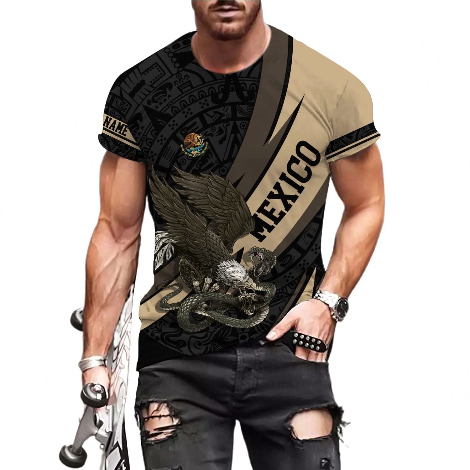 Wholesale Polyester Mexico Eagle Print Patten Comfortable Plus Size Mens T Shirts Latest Mexican Custom Design Men's T-shirts