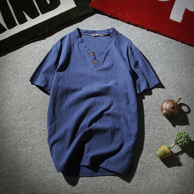 2021 summer hot-sale Japan retro design short sleeve two button round neck latest trend linen causal men's T-shirt