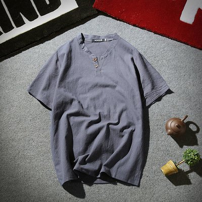 2021 summer hot-sale Japan retro design short sleeve two button round neck latest trend linen causal men's T-shirt